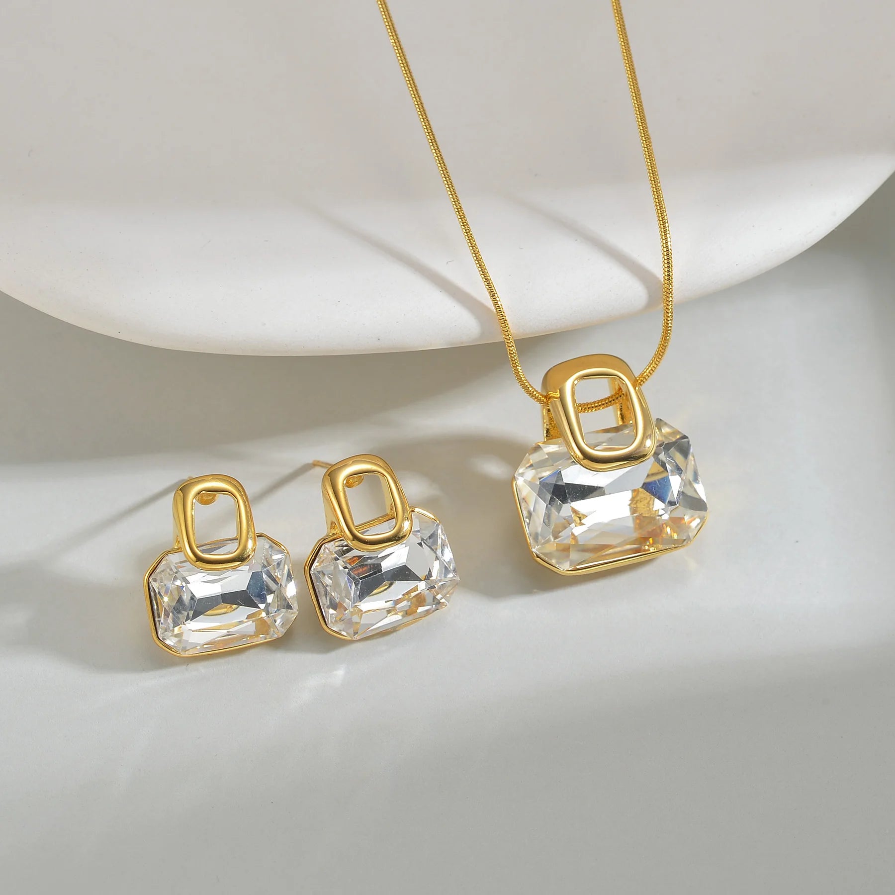 Classic Simple Geometric Zircon Rhinestone Stud Earrings Necklace Stainless Steel For Women Jewelry Set Birthday Gifts