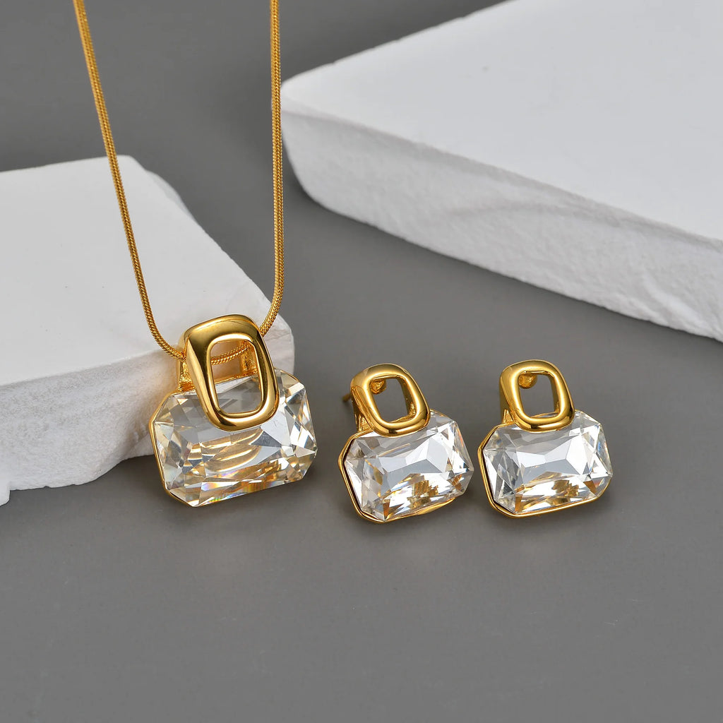 Classic Simple Geometric Zircon Rhinestone Stud Earrings Necklace Stainless Steel For Women Jewelry Set Birthday Gifts