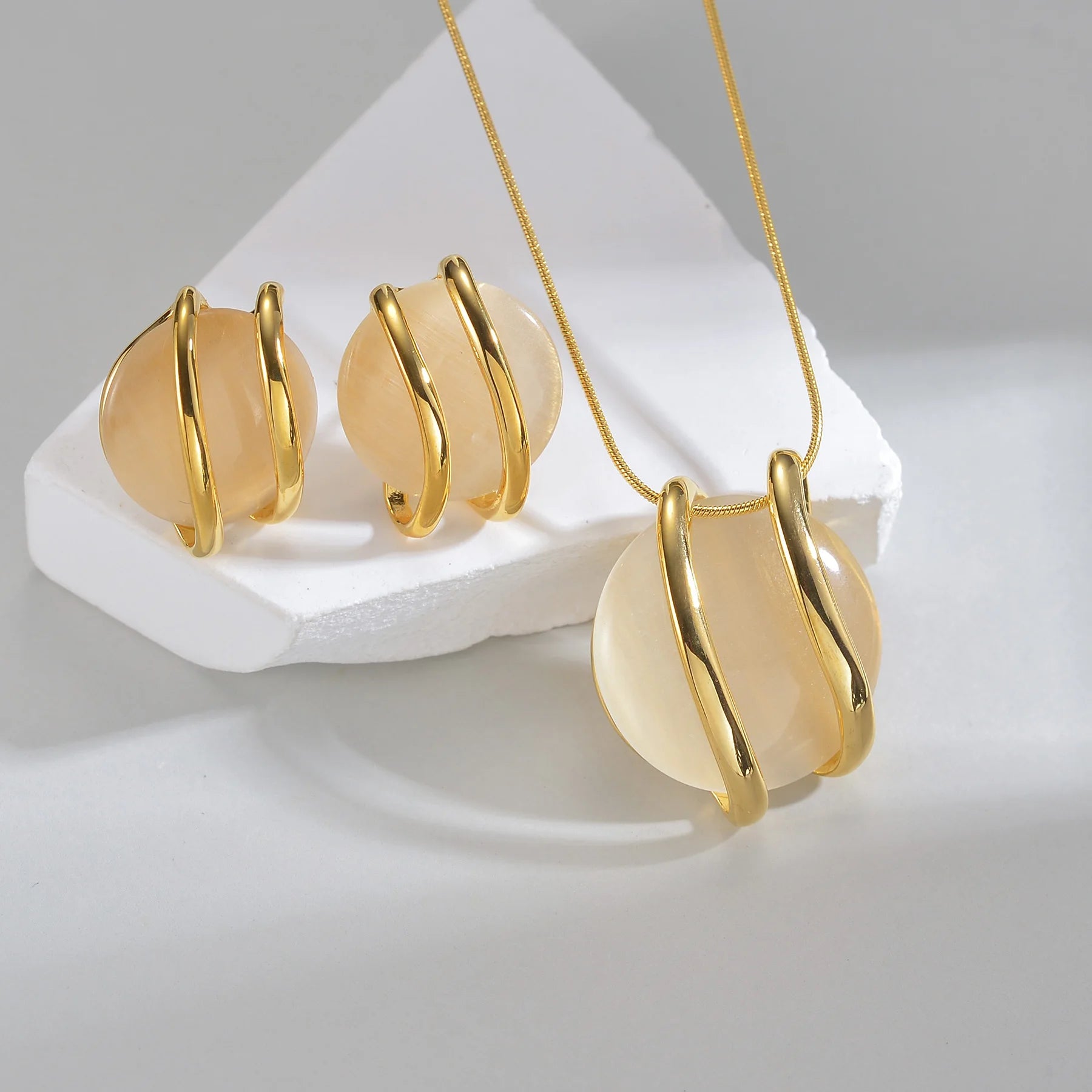 Trendy Fashion Stainless Steel Round Natural Stone Stud Earrings Necklace For Women Choker Jewelry Set Valentine's Day Gifts