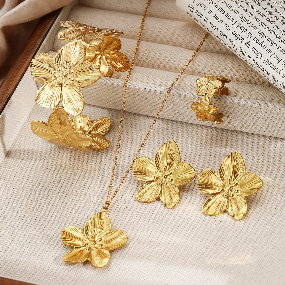 DOTIFI Fashion Stainless Steel Flower Pendant Necklace Earrings Bracelet Ring Jewelry Set Party Jewelry Dressing Aesthetic Gifts