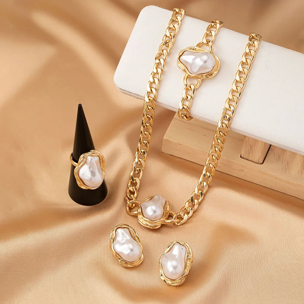 4 PCS Irregular Pearls Jewelry Set Korean Pearl Pendant Choker Stud Earring Rings for Women Classic Bracelet Wedding Jewelry