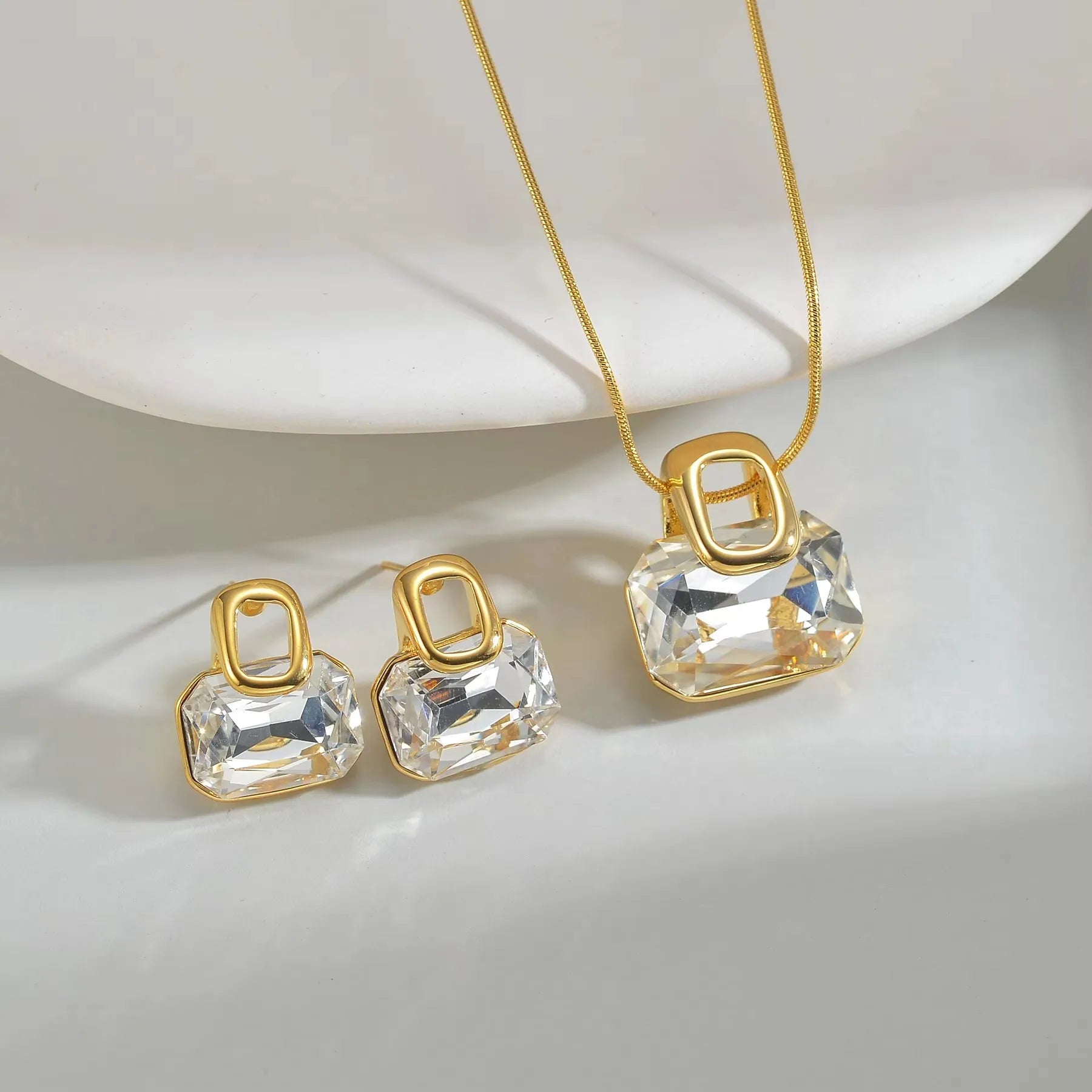 Trendy Fashion Stainless Steel Round Natural Stone Stud Earrings Necklace For Women Choker Jewelry Set Valentine's Day Gifts