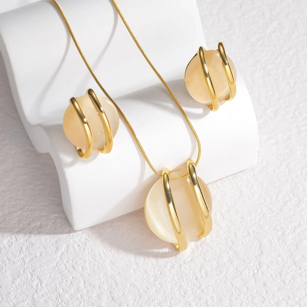 Trendy Fashion Stainless Steel Round Natural Stone Stud Earrings Necklace For Women Choker Jewelry Set Valentine's Day Gifts