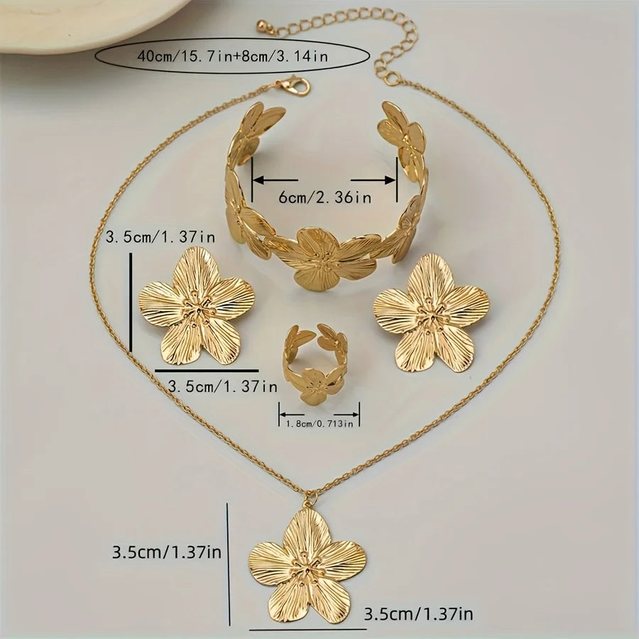 5pcs Elegant Golden-Tone Floral Jewelry Set - Vintage Style, Includes Necklace, Bracelet, Ring,and Earrings Ideal for Daily Wear