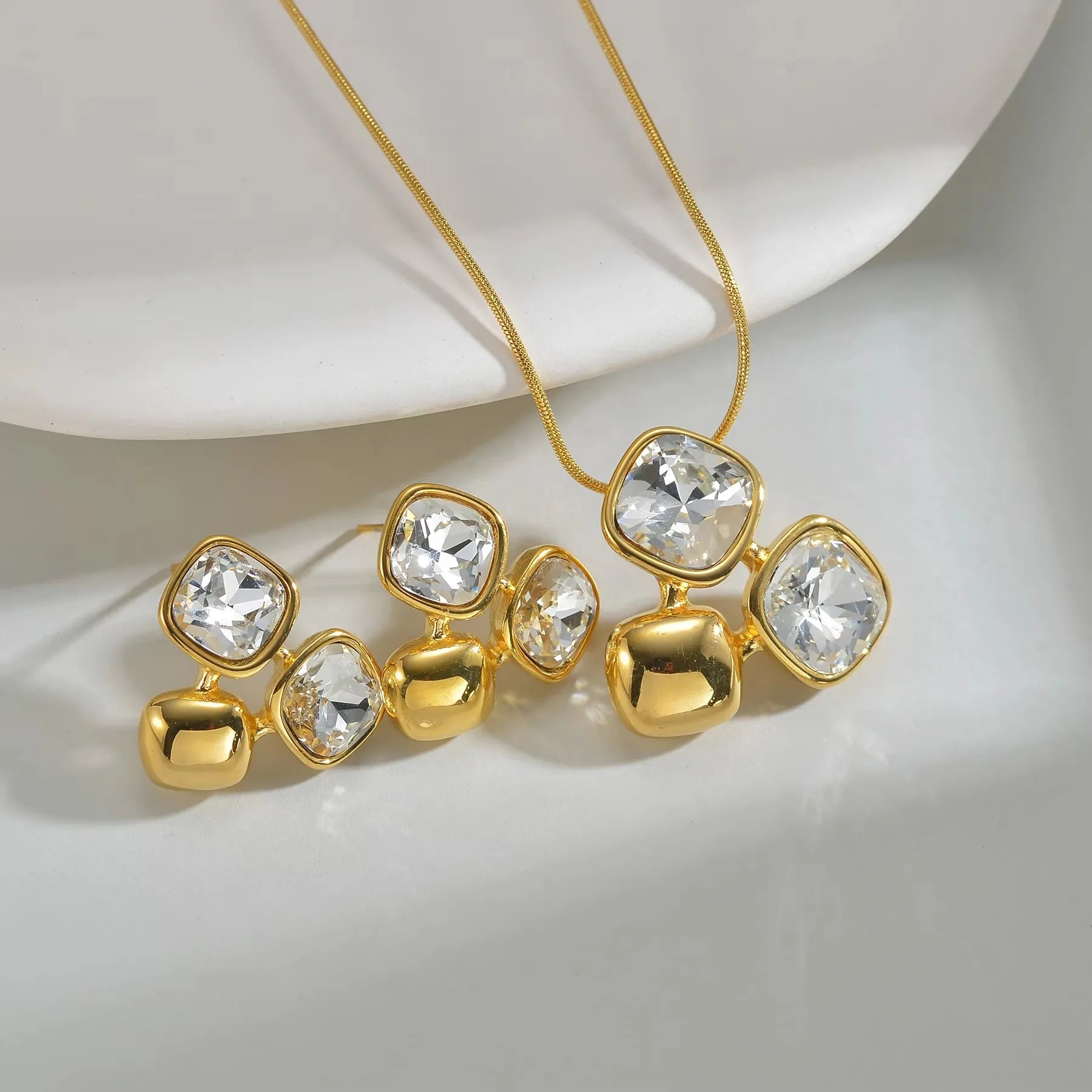 Trendy Fashion Stainless Steel Round Natural Stone Stud Earrings Necklace For Women Choker Jewelry Set Valentine's Day Gifts