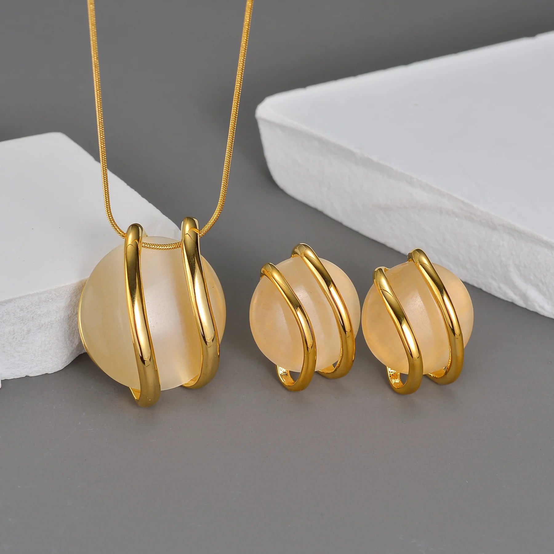 Trendy Fashion Stainless Steel Round Natural Stone Stud Earrings Necklace For Women Choker Jewelry Set Valentine's Day Gifts