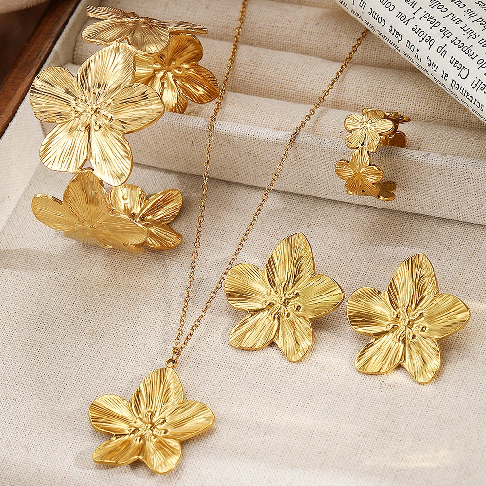 DOTIFI Fashion Stainless Steel Flower Pendant Necklace Earrings Bracelet Ring Jewelry Set Party Jewelry Dressing Aesthetic Gifts