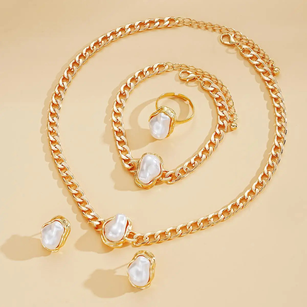 4 PCS Irregular Pearls Jewelry Set Korean Pearl Pendant Choker Stud Earring Rings for Women Classic Bracelet Wedding Jewelry