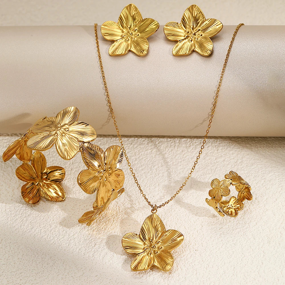 DOTIFI Fashion Stainless Steel Flower Pendant Necklace Earrings Bracelet Ring Jewelry Set Party Jewelry Dressing Aesthetic Gifts