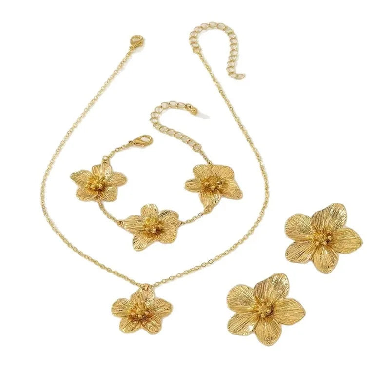 Elegant Five-Petal Flower Necklaces Bracelet Earrings Set For Women Vintage Simple Geometric Texture Floral Wedding Jewelry Gift