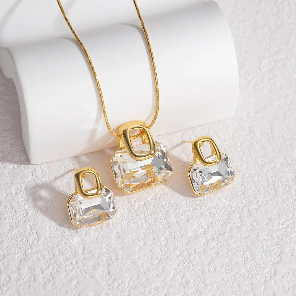 Classic Simple Geometric Zircon Rhinestone Stud Earrings Necklace Stainless Steel For Women Jewelry Set Birthday Gifts