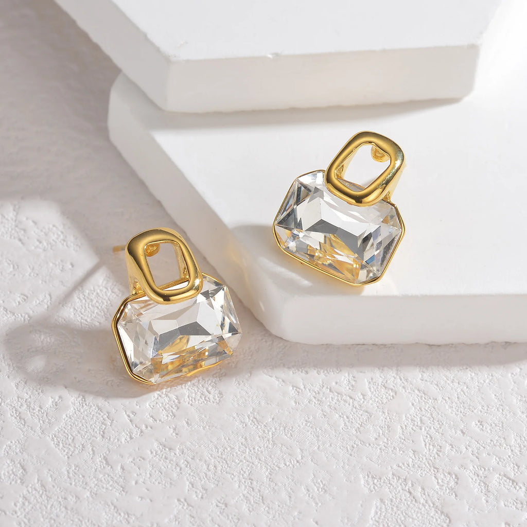 Classic Simple Geometric Zircon Rhinestone Stud Earrings Necklace Stainless Steel For Women Jewelry Set Birthday Gifts