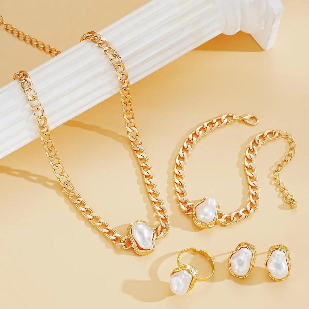 4 PCS Irregular Pearls Jewelry Set Korean Pearl Pendant Choker Stud Earring Rings for Women Classic Bracelet Wedding Jewelry