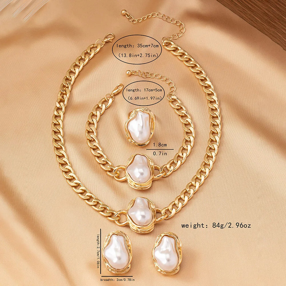4 PCS Irregular Pearls Jewelry Set Korean Pearl Pendant Choker Stud Earring Rings for Women Classic Bracelet Wedding Jewelry
