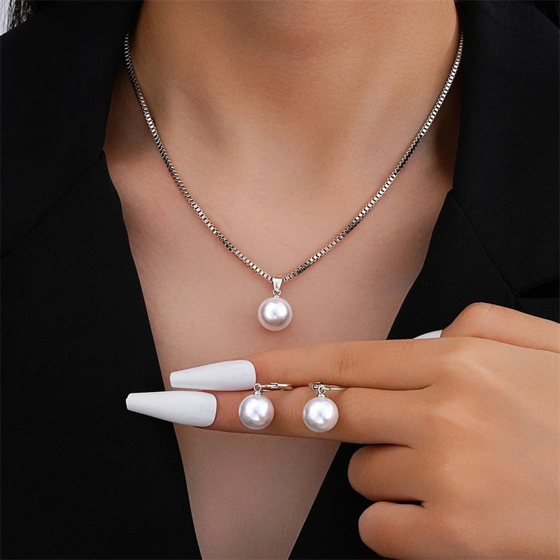 Fashion Elegant Imitation Pearl Pendant Jewelry Set for Women Vintage Gold Color Chain Necklace Earring Girl Wedding Party Gifts