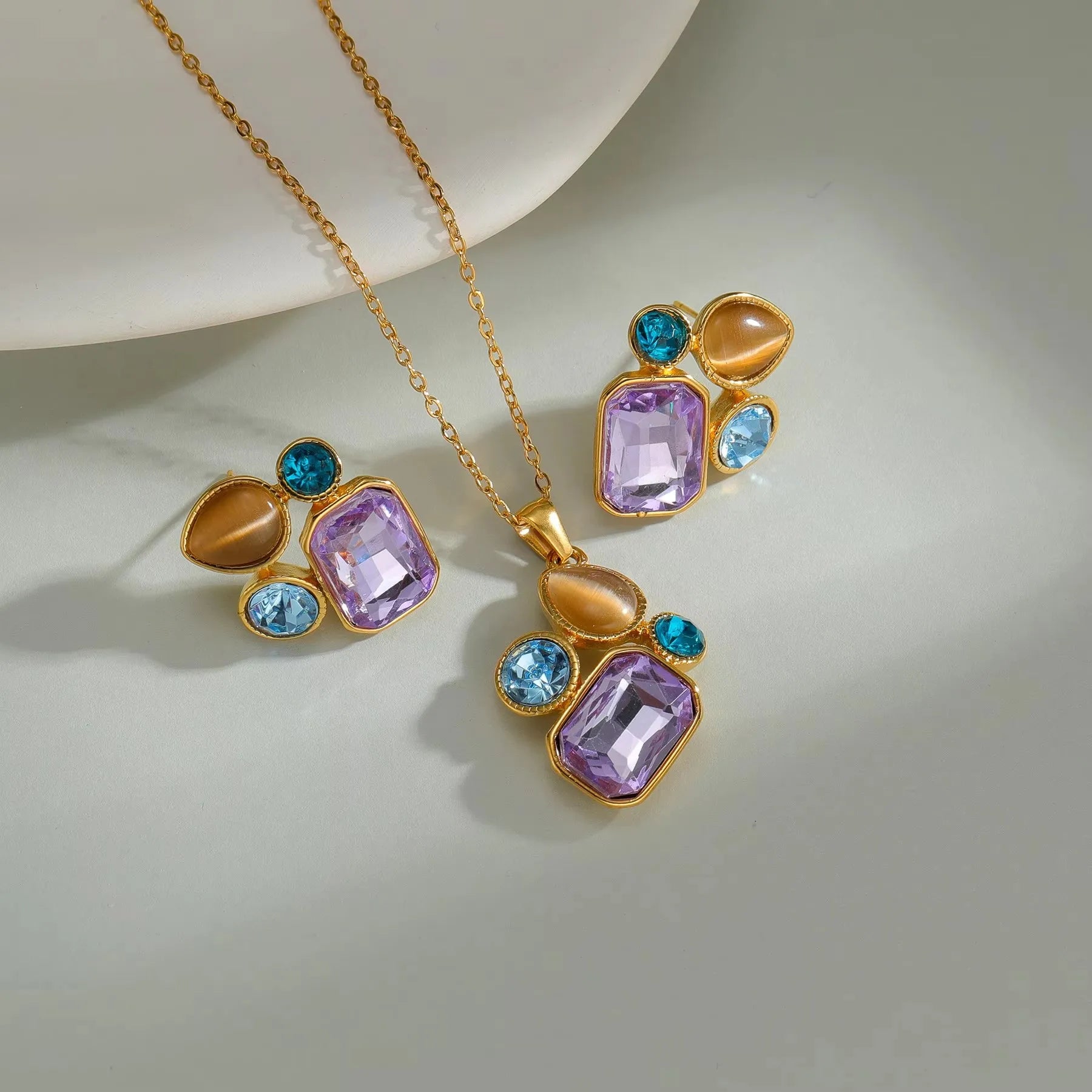 Trendy Fashion Stainless Steel Round Natural Stone Stud Earrings Necklace For Women Choker Jewelry Set Valentine's Day Gifts